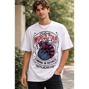 Heads or Tails Mens World Tour Standing On Business‎ Rhinestone T-Shirt White L